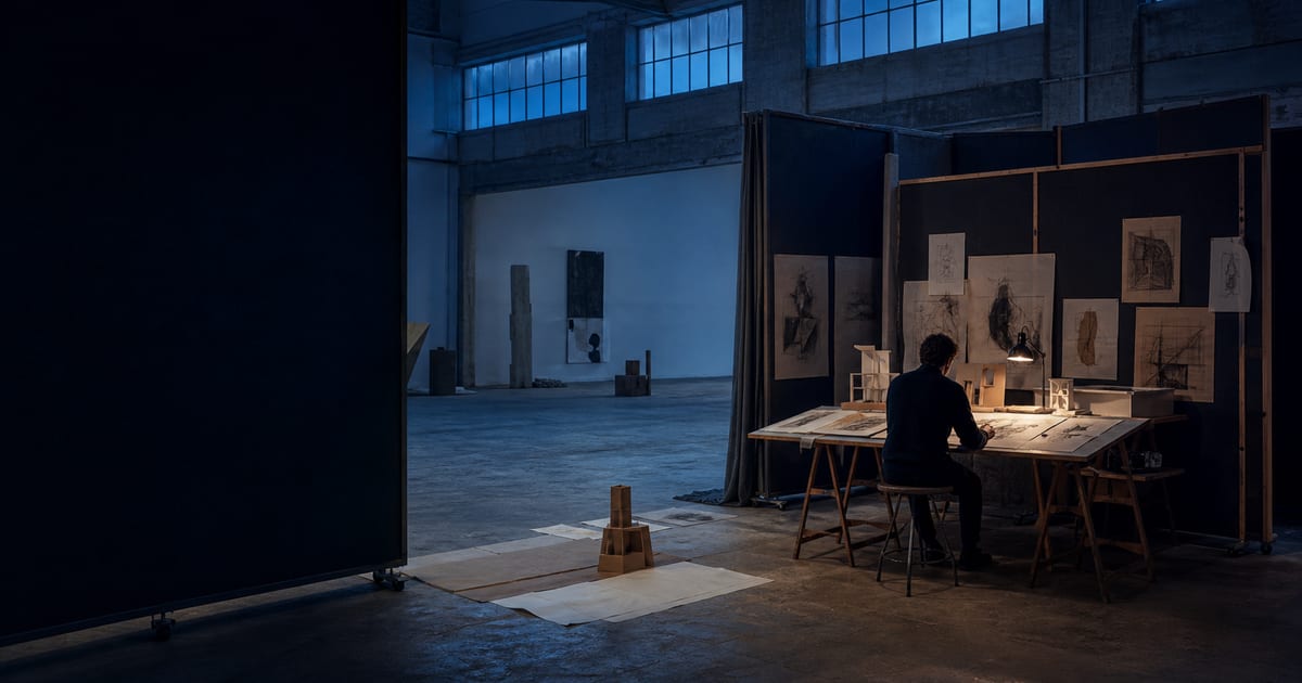 A creative professional working within movable studio partitions opened into a larger space