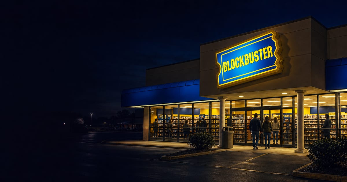 A busy Blockbuster video store illuminated at night